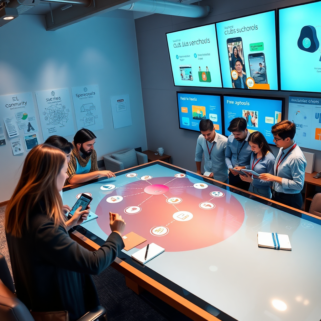 Create a high-quality 4K resolution image representing the essence of a community for sharing clubs and schools through subdomains. Subject: A diverse group of educators, students, and club leaders collaborating around a large interactive touchscreen table displaying a network diagram of connected subdomains. Composition: Dynamic diagonal composition showing people pointing at and discussing various subdomain interfaces. Lighting: Soft, diffused lighting with accent lights on the digital displays, creating a modern and innovative atmosphere. Color palette: Professional blues and grays with pops of energetic orange and green to represent community and growth. Camera angle: Eye-level perspective to create engagement and inclusivity. Texture details: Realistic textures of modern technology, clothing fabrics, and the polished surface of the interactive table. Environment: Contemporary collaborative workspace with modular furniture, whiteboards filled with community ideas, and digital wall displays showing 'meuclube.espacosocial.pt' examples. Props: Tablets, smartphones, notebooks, and visual representations of different clubs (art supplies, sports gear, books). Style: Photorealistic with a slightly stylized, modern corporate aesthetic. Technical specs: 4K resolution, high dynamic range, crisp details.