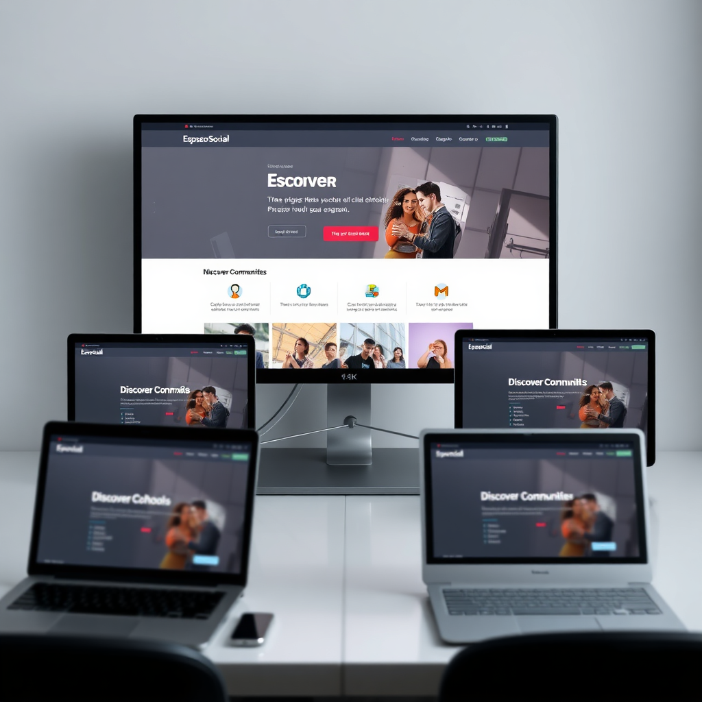 Create a photorealistic image showing network integration. Subject: A main Espaço Social homepage showing a 'Discover Communities' section with various club and school subdomains featured. Arrows and connections show how users can navigate between them. Composition: The main site on a large monitor with smaller devices showing individual subdomains around it. Lighting: Professional studio lighting to show all screens clearly. Color palette: Consistent brand colors with visual cues showing connections. Camera angle: Elevated view to show the network relationship. Texture details: Screen details, interface elements, physical devices. Environment: Modern tech setup. Style: Professional product photography. Technical specs: 4K, clean composition.