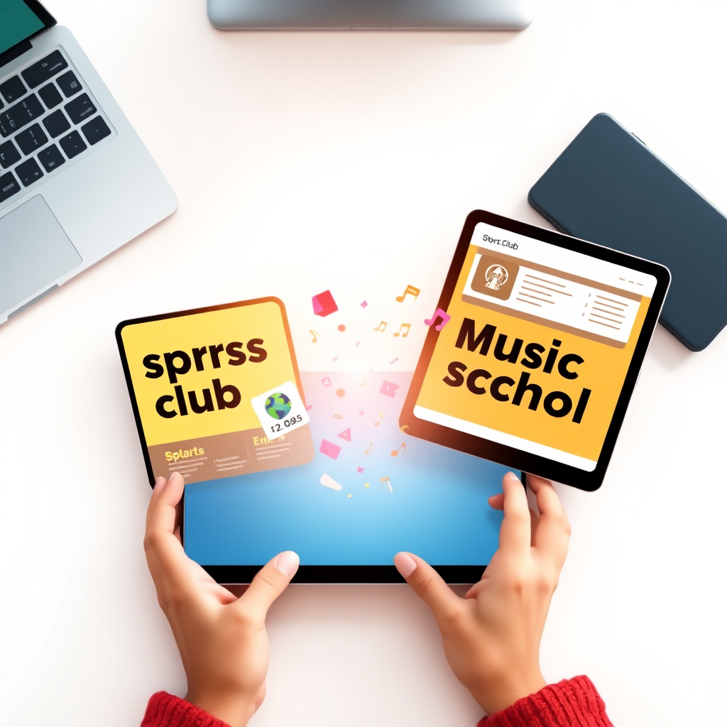 Create a stylized but realistic image representing content sharing between subdomains. Subject: Two tablets showing different club subdomains (sports club and music school) with content being dragged between them in a digital transfer animation. Composition: Split screen showing both devices with the content transfer happening in the center. Lighting: Bright, clean lighting with soft shadows to emphasize the digital transfer effect. Color palette: Warm device colors with vibrant content elements being transferred. Camera angle: Top-down view showing both tablets clearly. Texture details: Realistic tablet surfaces, screen glows, and digital particle effects for the transfer. Environment: Clean, modern workspace background. Style: Contemporary digital illustration with realistic elements. Technical specs: 4K, high clarity.