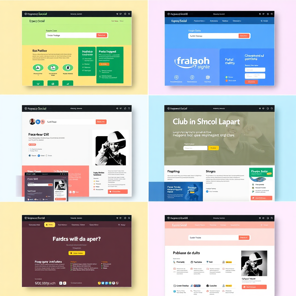 Create a stylized image representing customization options. Subject: A mosaic of different club and school subdomain homepages, each with unique colors, logos, and layouts but consistent branding elements showing they're part of Espaço Social. Composition: Grid layout showing 6-8 different subdomain examples. Lighting: Even lighting across all examples to show details clearly. Color palette: Diverse color schemes for each subdomain with consistent accent colors tying them together. Camera angle: Flat, front-facing view for clear comparison. Texture details: Realistic screen textures, interface elements. Environment: Digital composite background. Style: Clean UI design presentation. Technical specs: 4K, high detail.
